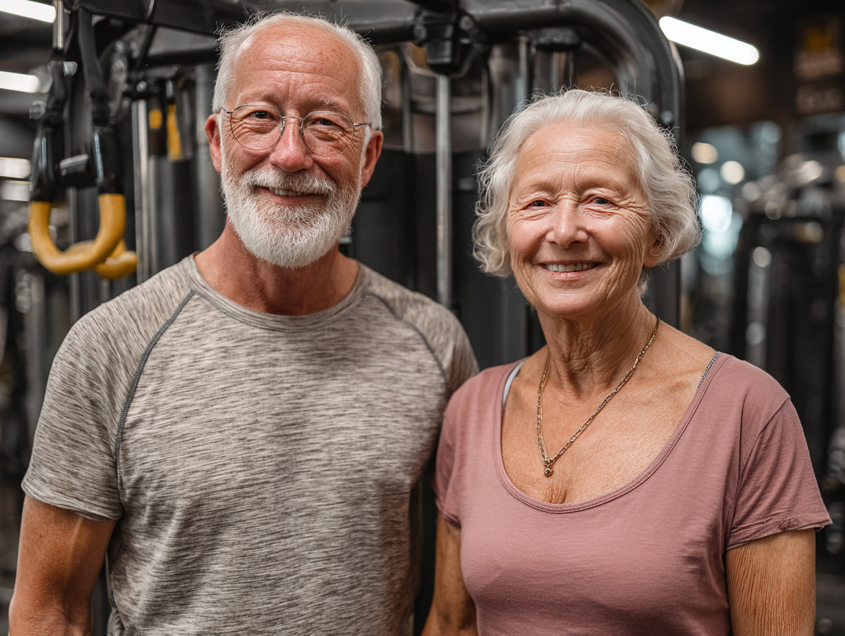 Активни възрастни хора правят упражнения в градина